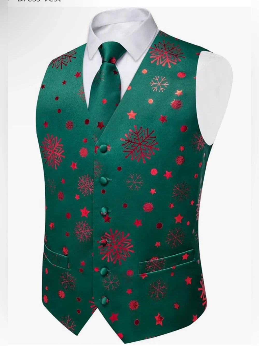 Men’s Christmas Silk Vest Green Red Snowflake XL Festive Party Tuxedo